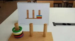 Material tipo Torre de Hanoi con anillos de colores usado para trabajar funciones ejecutivas en intervención cognitiva