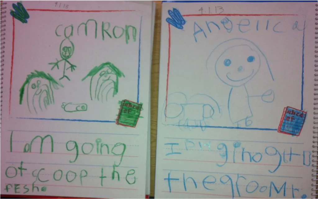 Trabajos escolares infantiles con dibujos y escritura que reflejan desarrollo de funciones ejecutivas en la planificación y lenguaje