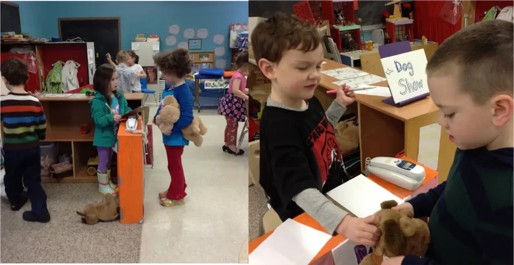 Niños y niñas en juego simbólico con peluches, desarrollando funciones ejecutivas como planificación, control inhibitorio y toma de decisiones