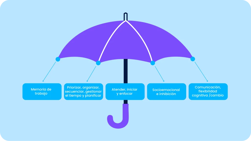 Diagrama cerebral que muestra cómo las funciones ejecutivas regulan pensamientos, acciones y procesamiento sensorial