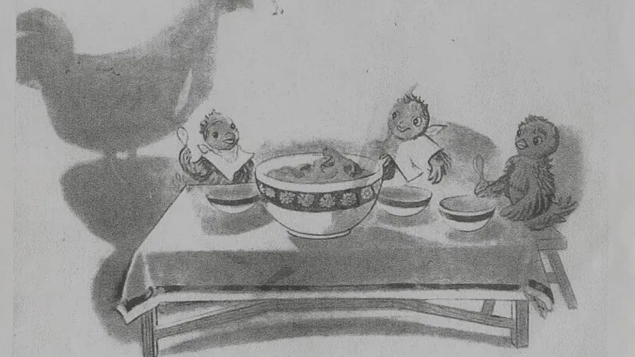 Lámina 1 Descripción: pollitos sentados alrededor de una mesa con comida; al fondo, una figura de una gallina.