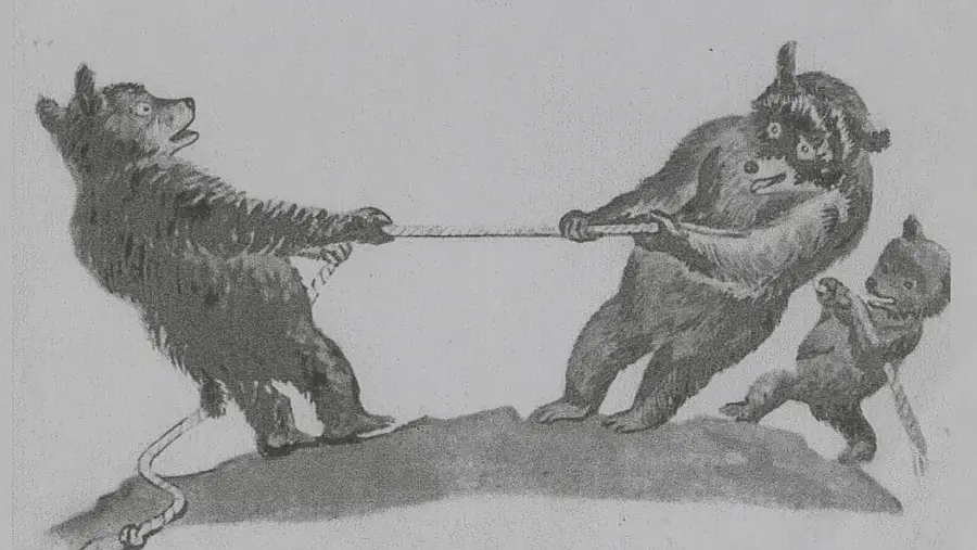 Lámina 2 Descripción: dos osos adultos y un oso pequeño tirando de una cuerda en lados opuestos, en aparente juego o competencia.