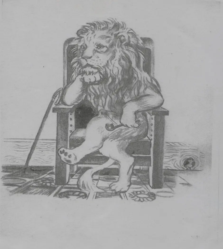 Lámina 3 Descripción: león sentado en un sillón con pipa y bastón.