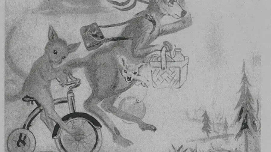 Lámina 4 Descripción: Canguro con sombrero y botella de leche, un canguro pequeño en su bolsa con un globo y otro mayor en bicicleta.