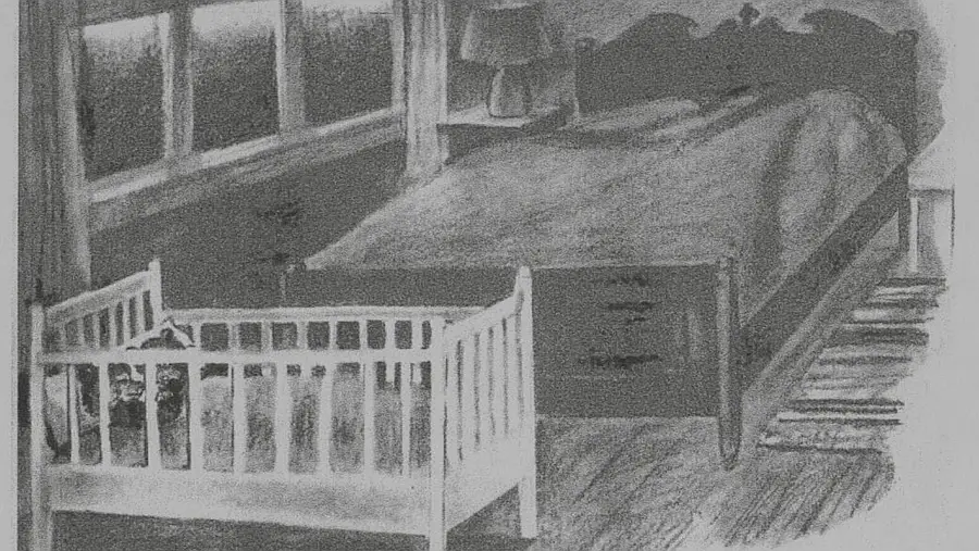 Lámina 5 Descripción: Habitación oscura con una cama y una cuna; en la cama duermen dos ositos.