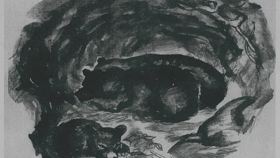 Lámina 6 Descripción: Cueva oscura con dos osos al fondo; un osito está acostado en primer plano, fuera de la cueva.