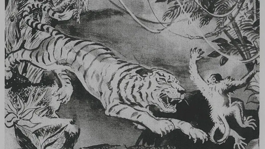 Lámina 7 Descripción: Un tigre con garras y colmillos visibles ataca a un mono que intenta escapar.