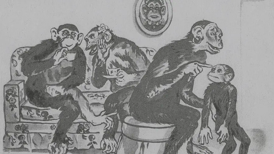 Lámina 8 Descripción: Dos monos adultos toman té en un sofá; un tercer adulto conversa con un mono más joven frente a ellos.