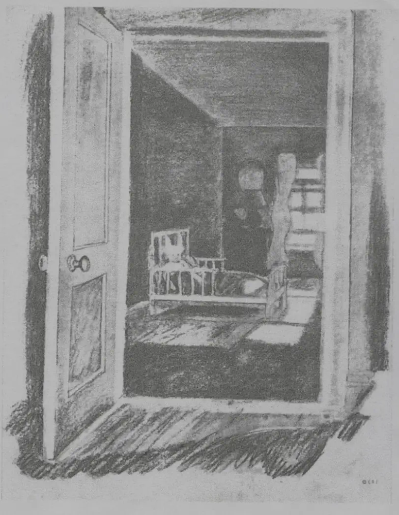 Lámina 9 Descripción: Cuarto oscuro visto desde una puerta entreabierta; un conejo está sentado en una camita dentro del cuarto.