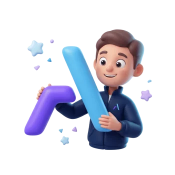 Personaje 3D animado sosteniendo letras azul y morada con estrellas decorativas sobre fondo blanco.